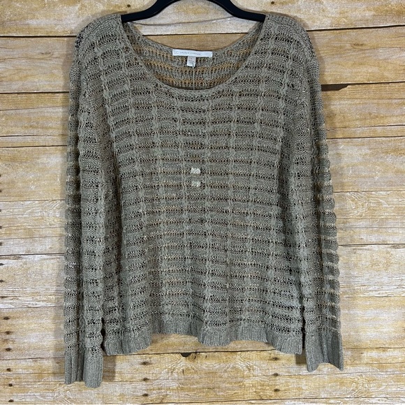 Lauren Conrad Open Knit Tape Yarn Sweater Size L Lightweight Beige Gold Lurex - Picture 1 of 7